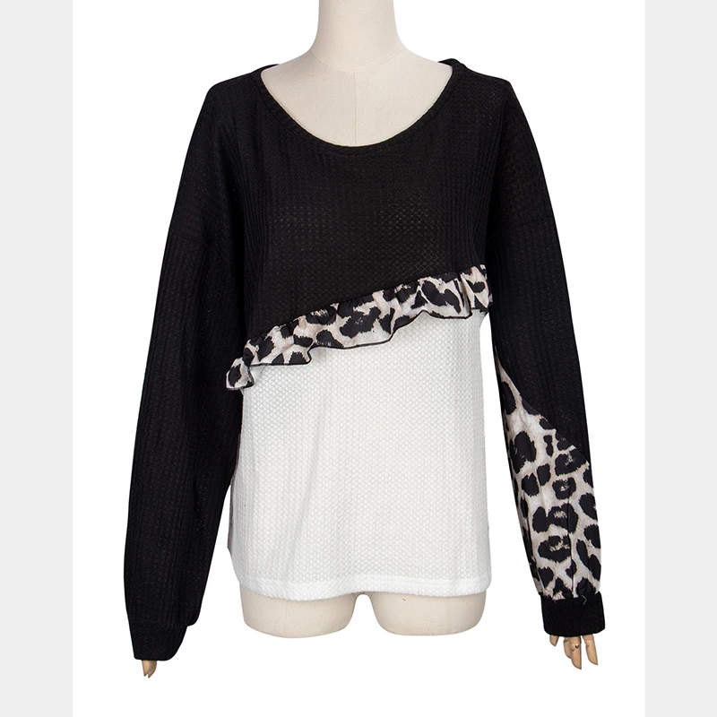 

Women 2021 Knitted Sweater Solid Patchwork Autumn Winter Streetwear Casual O-Neck Long Sleeve Pullovers Leopard T-Shirts Tops XL