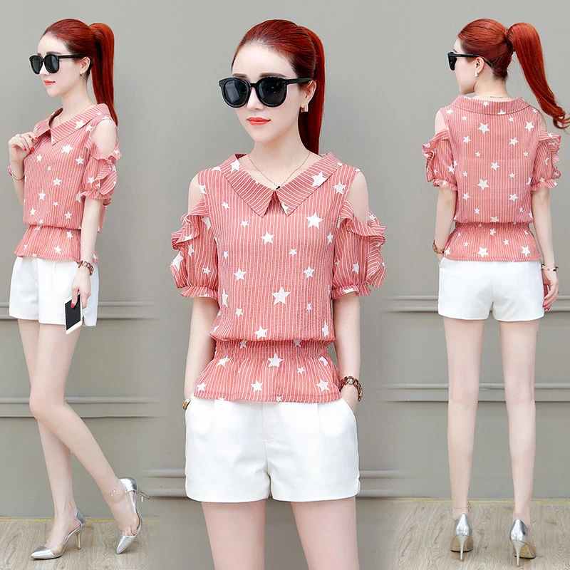 

New Women's Spring Summer Chiffon Shirts Short Sleeve Peter Pan Collar Casual Blouses Loose Striped Women's Tops