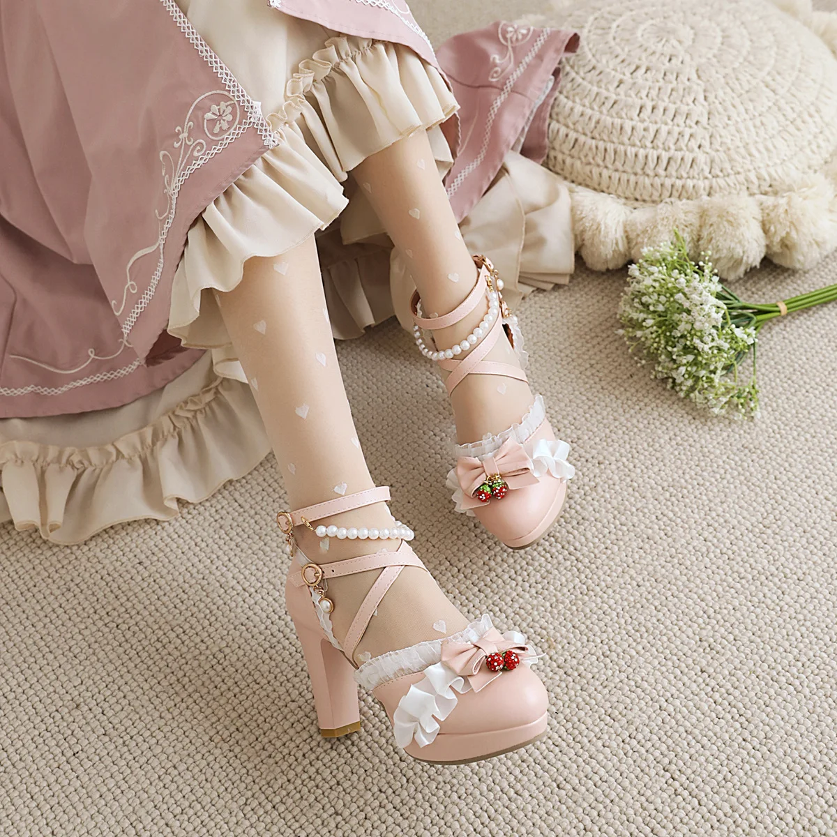 Side Open Women Spike Heels Shoes Round Toe Lolita Girls Dress Party Pumps with String Bead Pearl Sweet Bow Strawberry