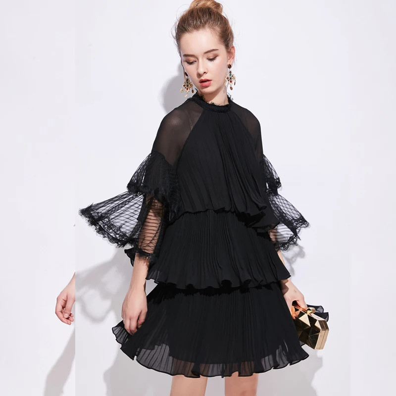 Сексуальное шифоновое платье с гофрированными оборками спереди розовое черное