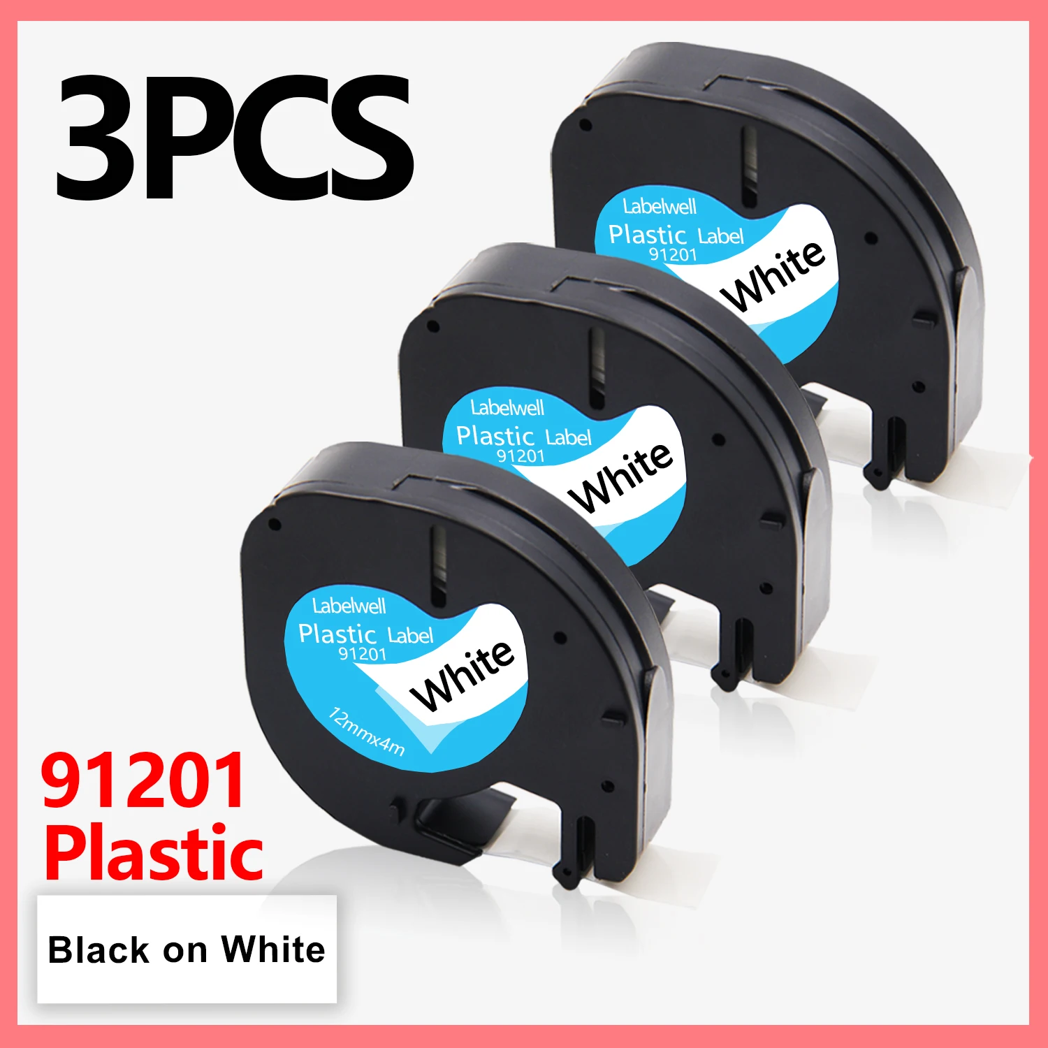 

3PK 91201 Tapes Compatible for Dymo LetraTag 91221 91331 Plastic label Tapes 12mm Black on White for Dymo LT-100H Label Printer