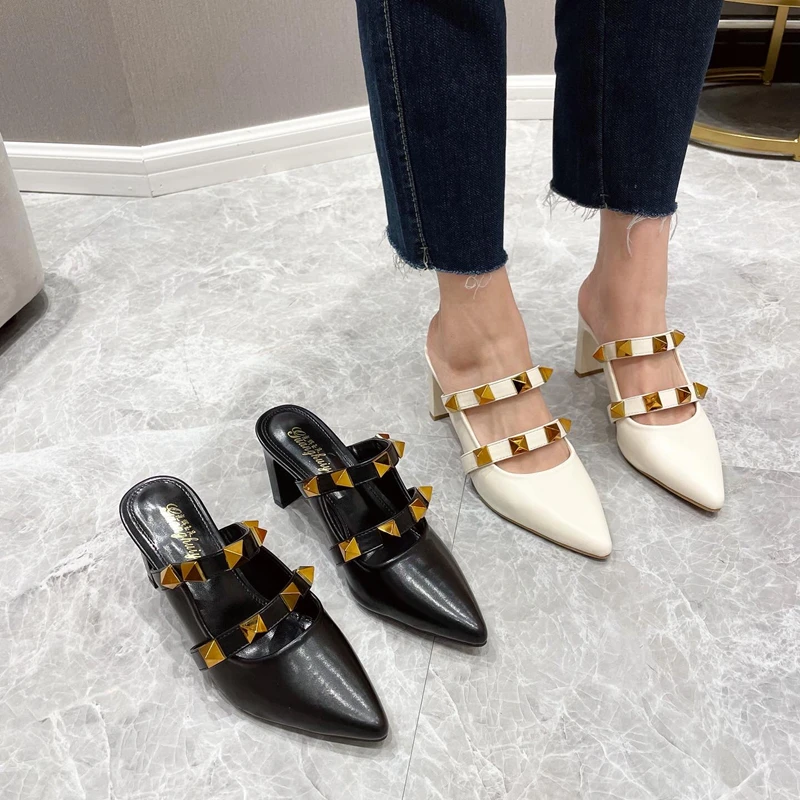 

Fashion Baotou half slippers female summer wear new style Muller lazy high heels thick heel pointed rivet sandals and slipp