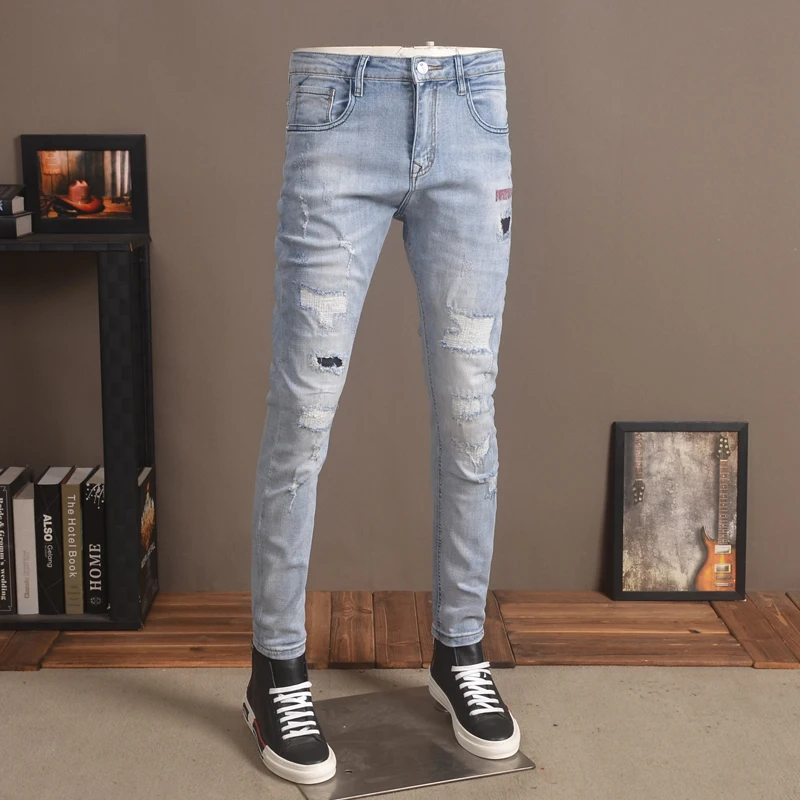 Men's Light Blue Ripped Patches Jeans Summer Casual Slim Fit Pencil Pants Streetwear Printed Denim Trousers