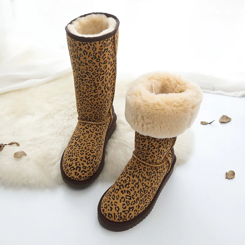 Leopard Сапоги с высоким голенищем из натуральной овечьей кожи; теплые зимние сапоги наивысшего качества на натуральном меху; женские сапоги; нескользящие шерстяные зимние сапоги; - Цвет: Leopard