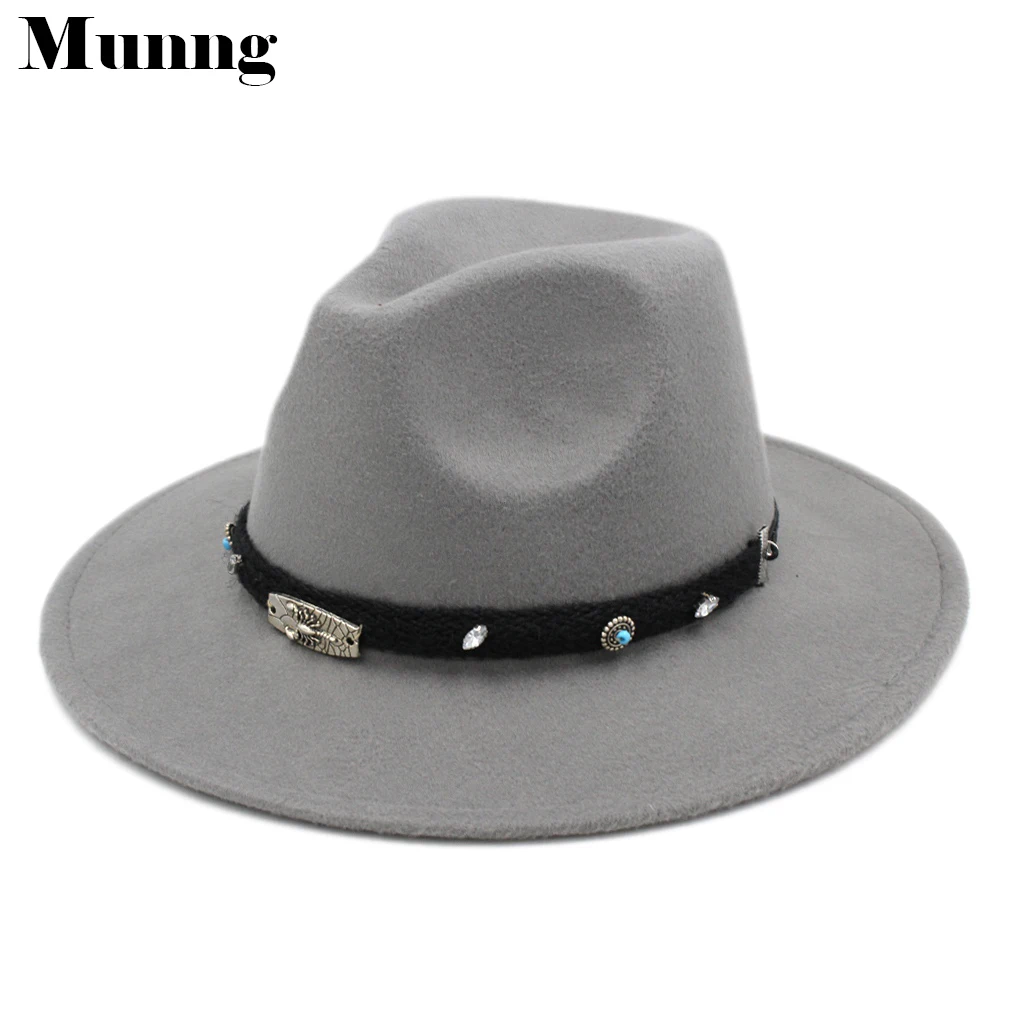 

Munng Fashion Unisex Wool Blend Wide Brim Panama Fedora Hat Church Jazz Trilby Cap Size 56-58cm