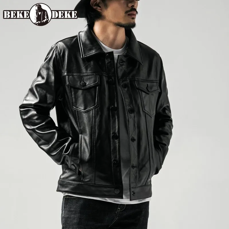 

Brand Mens Genuine Leather Sheepskin Jacket High Street Vintage Single Breasted Outerwear Fashion Black Moto Biker Short Coat