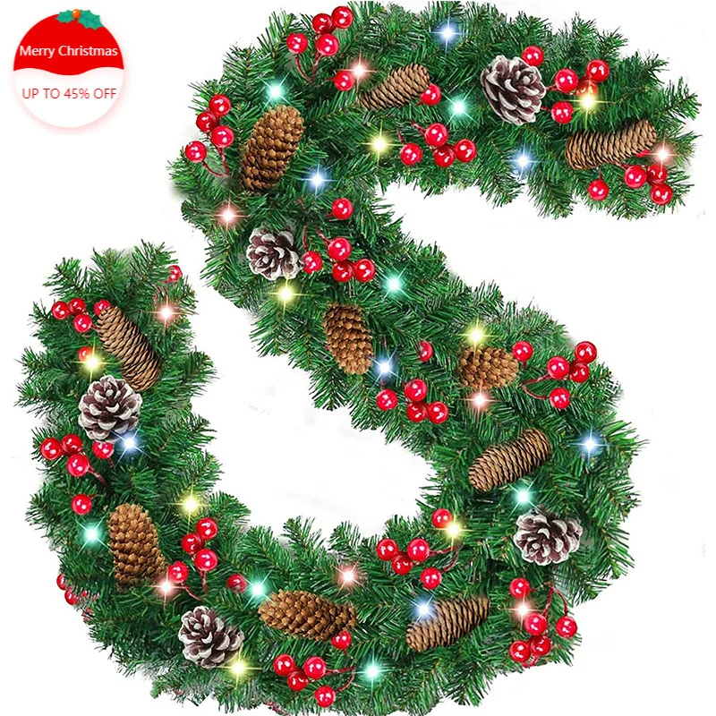 

2.7M Christmas Garland with Light Battery Operated 50LED Lights Prelit Garland Lighted Wreaths Greenery with Pine Cone Red Berry