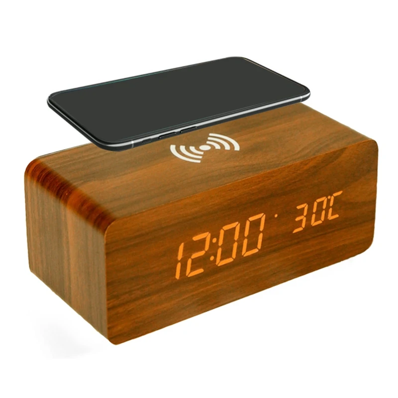

Electronic Clock, Mobile Phone Wireless Charging Wood Clock,LED Digital Clock Sound Control Function,Creative Decoration