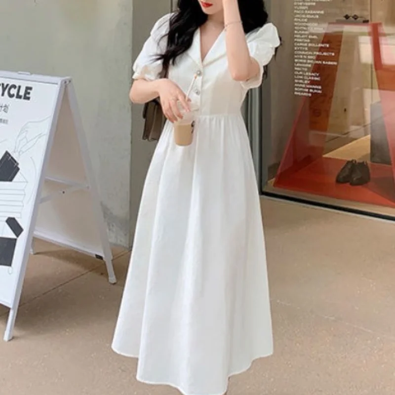 

HOUZHOU Elegant Dress Women Summer White Vintage Puff Sleeve Dresses Loose Casual High Street Sweet Girls Sundress French Style