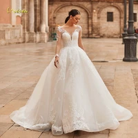 loverxu elegant long sleeve lace ball gown wedding dresses 2021 sexy illusion appliques beaded court train vintage bridal gowns