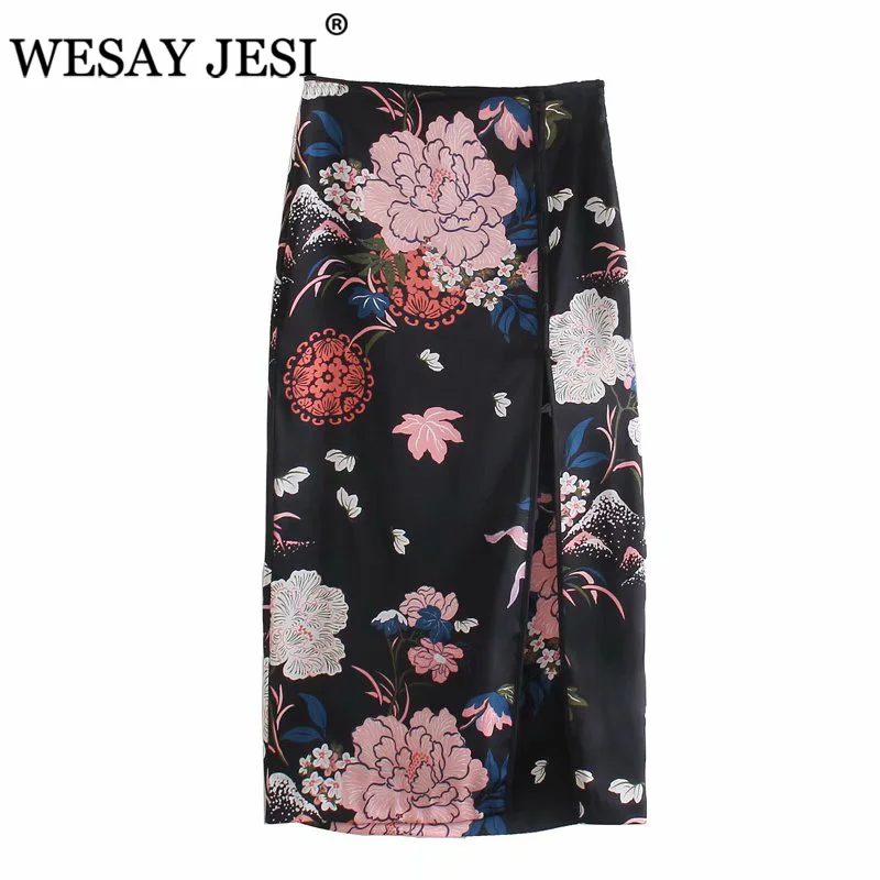 

WESAY JESI Women Skirt TRAF ZA 2021 New High Waist Black Satin Midi Slit Skirt Vintage Floral Print Elegant Long Summer Skirts