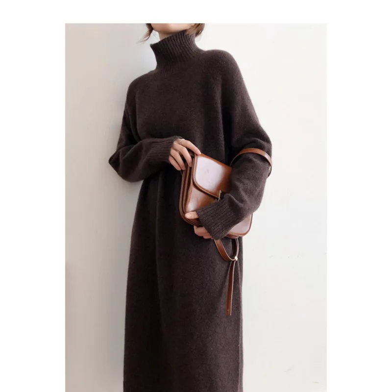 

Solid Knitted Long Dress Women Autumn Winter Turtleneck Long Sleeve Sweater Dress Lady Split Loose Casual Dress Vestidos