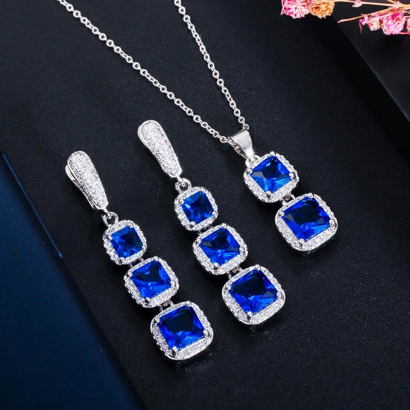 Silver Blue CWWZircons Элегантный квадратный Королевский синий кубический цирконий висячие серьги подвеска ожерелье дамский костюм Ювелирные наборы T354 - Окраска металла: Silver Blue