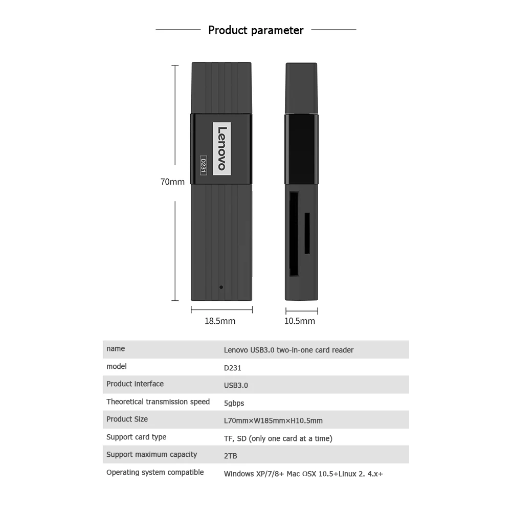 

Lenovo D231 2 in 1 USB 3.0 Memory Card Reader Dual Slot TF Security Digital Card Reader Adapter 5Gbps Card Reader Support 2TB