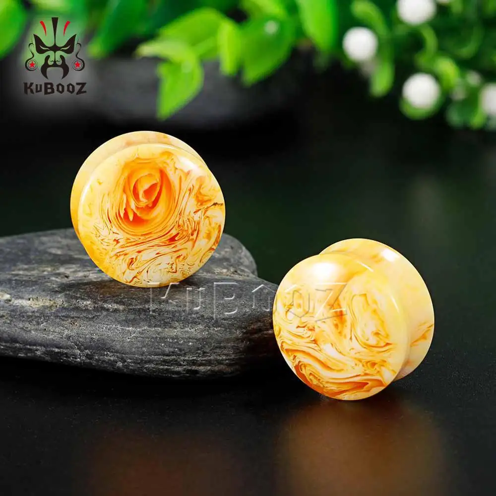 New Stripp Bamboo Yellow Clouds Resin Ear Plugs Piercing Expanders Stretchers Saddle Design Studs Body Jewelry Sale in Pair | Украшения и