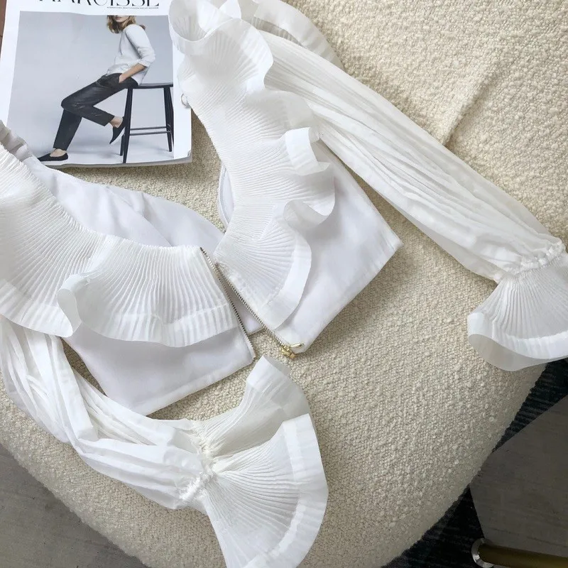 

2021 High Street Top Quality Ruffle V-neck Flare Sleeve Solid Slim Short Tops and Blouses for Women Summer New Fashion Arrival