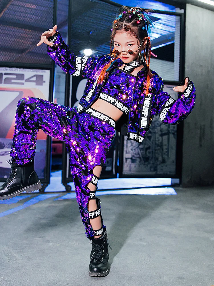 

Jazz women's wear, purple Sequin hip hop suit, street dance, stage performance clothing, dance clothing, camping sleeve clothing
