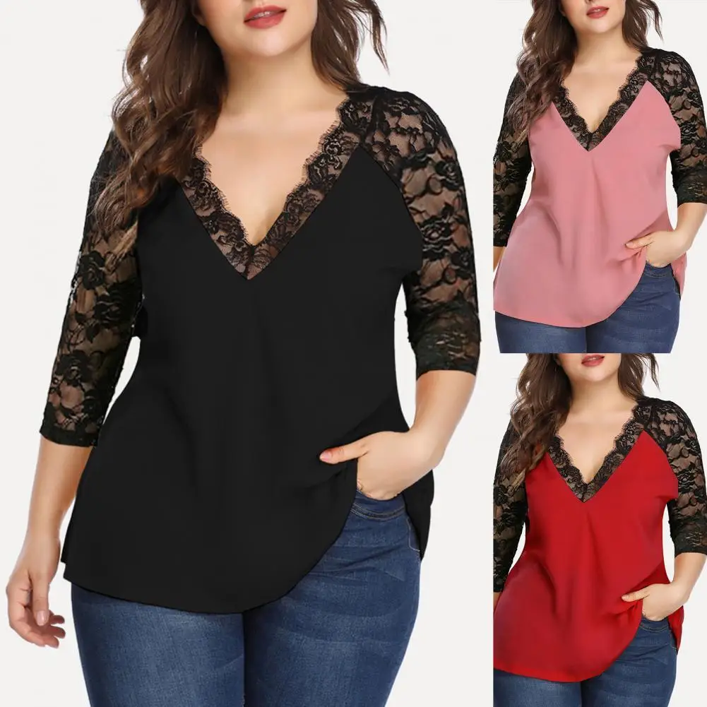 

Women Blouse Lace Patchwork V Neck Autumn Winter Loose Contrast Color 3/4 Sleeve Shirt Top Streetwear