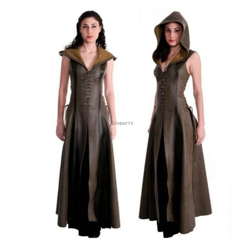 

20 Women Fashion Sexy Slim Lace Up Leather Medieval Ranger Long Dress Adult Coats Cosplay Disfraz Mujer Costume Halloween