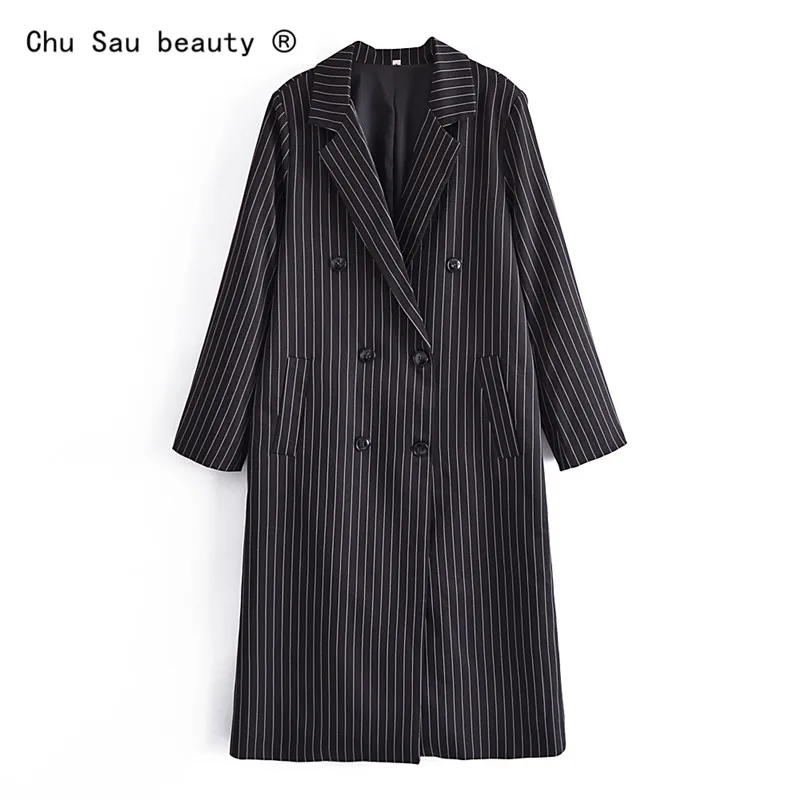 

Autumn Winter Vintage Fashion Double-Breasted Straight Striped Coat Lapel Long-Sleeved Long Women Windbreaker Jacket
