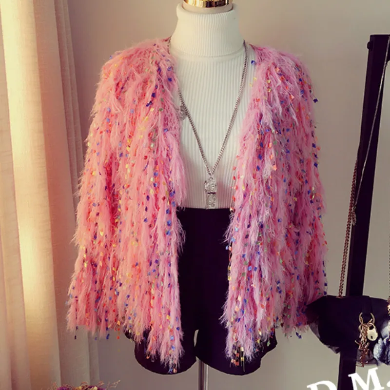 Вязаный свитер с бахромой из овечьей кожи и блестками|sweater jacket|loose coatknitted sweater |