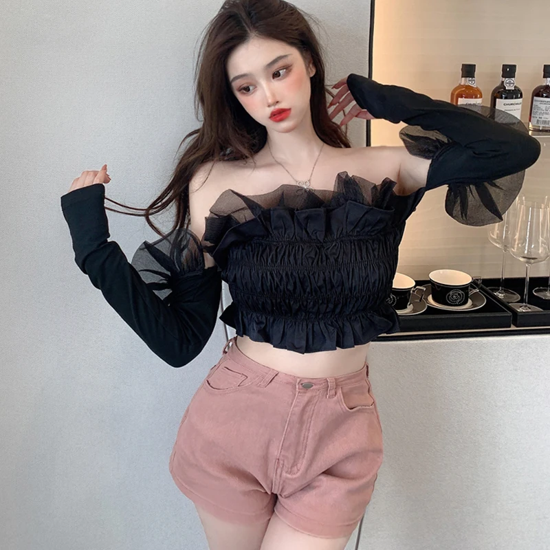 

Summer 2012 New Chiffon Blouse Women Solid Mesh Ruffle Slash Neck Black Shirt Sexy Off Shoulder Long Sleeve Tops Blusa 16096