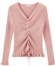 INMAN Winter Elegant Solid Color V Neck Drawstring Flower Swing Women Pullover Sweater