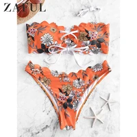 zaful daisy print lettuce lace up bikini set strapless off the shoulder bandeau bikini swimwear women sexy bathing suit 2019