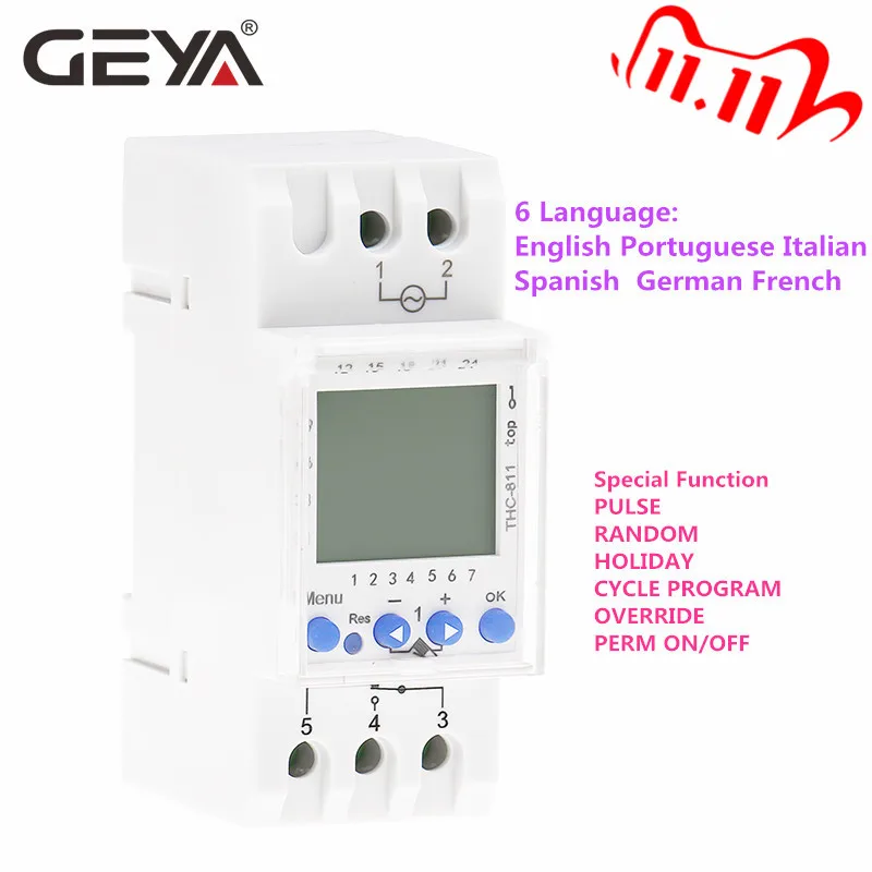 GEYA THC 811 Din Rail 24 часов цифровой таймер с литиевой Батарея 6 Язык еженедельно таймеры