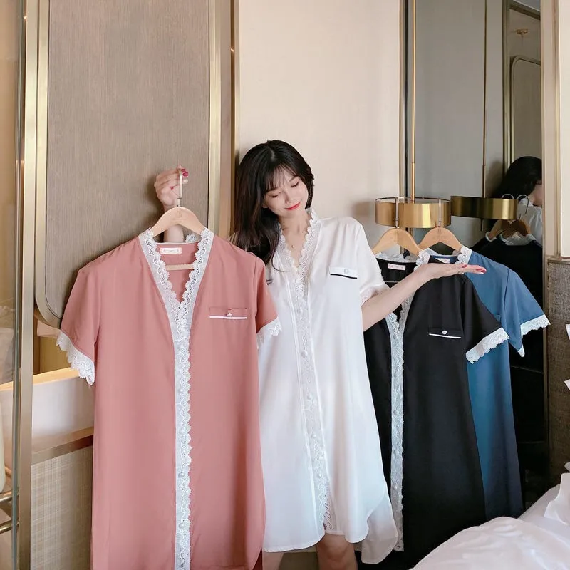 

Sexy V-neck Sleepwear Satin Nightdress Lace Trim Female Nightgown Summer Intimate Lingerie Loose Short Sleeve Kimono Robe Gown