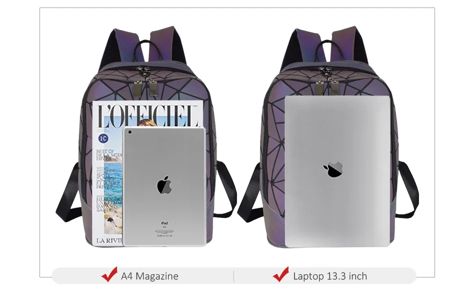 Модный женский рюкзак Mochila, геометрические светящиеся рюкзаки сумка для девочек, фосфоресцирующие дорожные сумки на плечо для школы, рюкзак