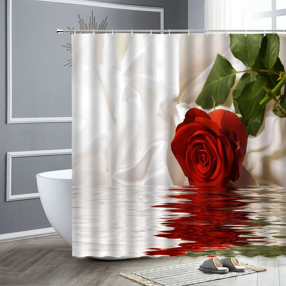 

Valentine's Day Shower Curtain Red Pink Romantic Rose Flower Waterproof Bath Screen Home Decoration Bathroom Curtains With Hooks