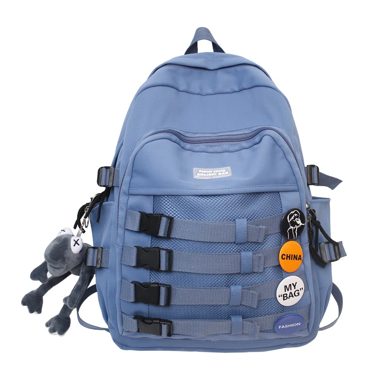 

Unisex Student Women Backpack Casual Book Bag Buckle Nylon School Bags Laptop Fashion Stripe For Teenage Girls Preppy Style