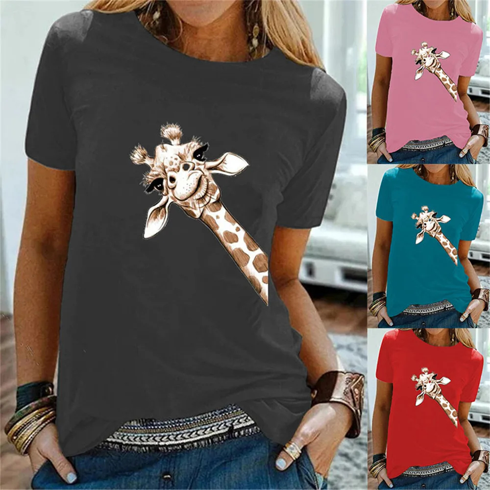 

Giraffe Print O-neck Shirts Fashion Short Sleeve Plus Size Summer Tops