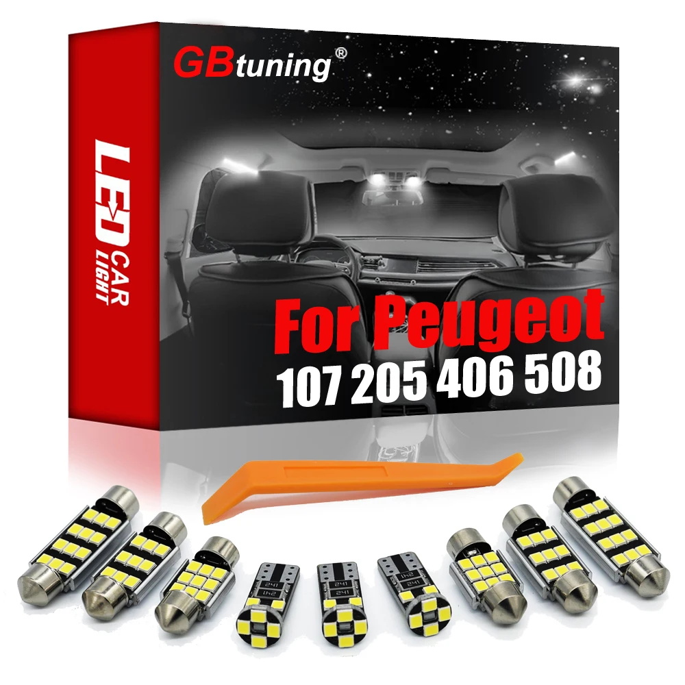 

GBtuning для Peugeot 1007, 106, 107, 108, 205, 206, 301, 306, 406, 508, 607, светодиодная интерьерная с Canbus, купольная карта, комплект ламп для багажника автомобиля