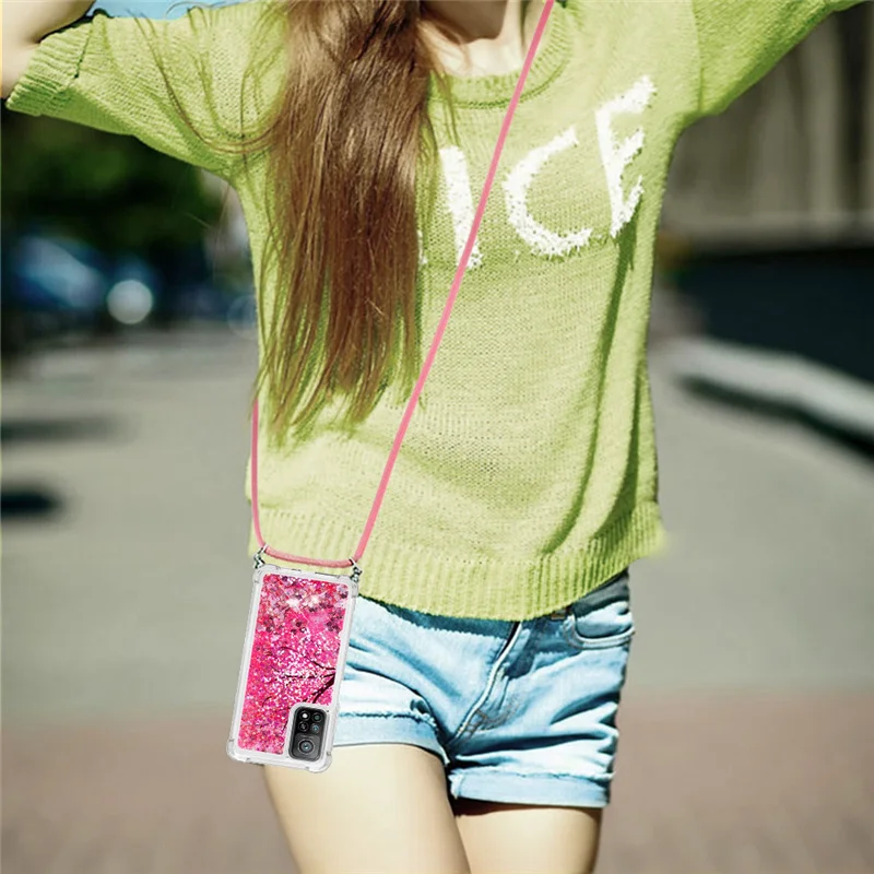 

Strap Lanyard Cartoon Phone Case For Xiaomi Mi 11 10T Pro Note 10 Lite 5G Poco M3 TPU Soft Glitter Liquid Quicksand Back Cover