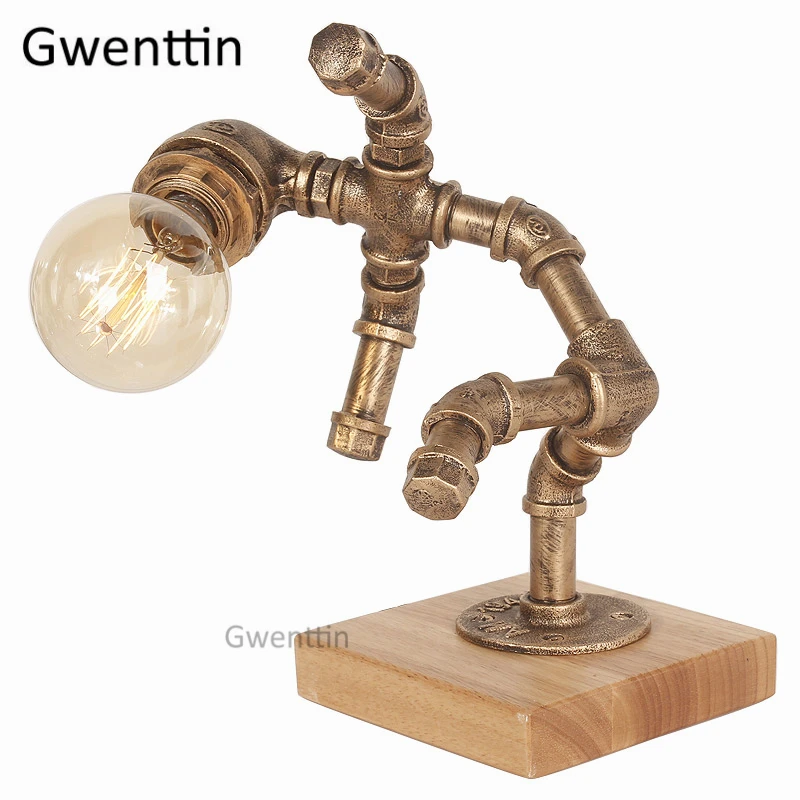

Vintage Water Pipe Robot Table Lamps Led Loft Industrial Decor Stand Desk Light Fixtures Standing Lights Bedroom Bedside Lamp