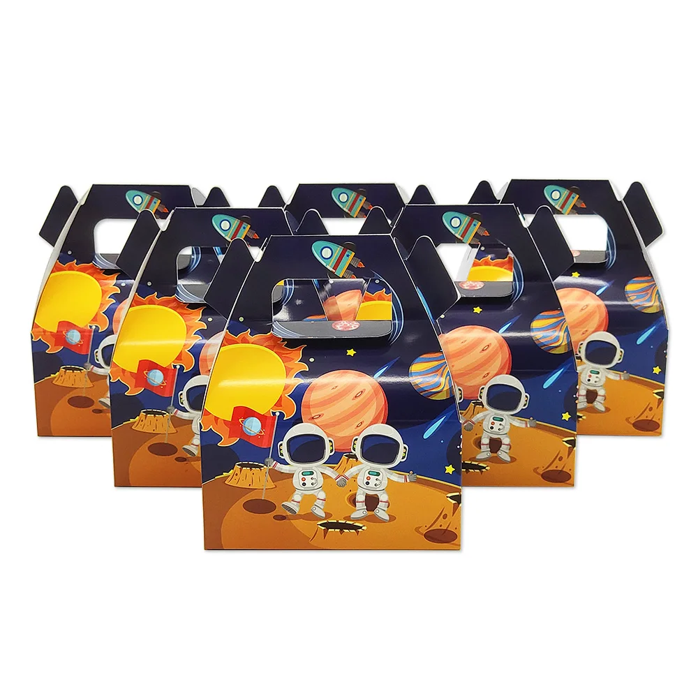 6pcs CandyBox Для детей астронавт космический корабль солнечные космические вечерние принадлежности Посуда баннер тарелка чашка соломенная скатерть обертка для кексов и т. Д - Цвет: 6pcs CandyBox