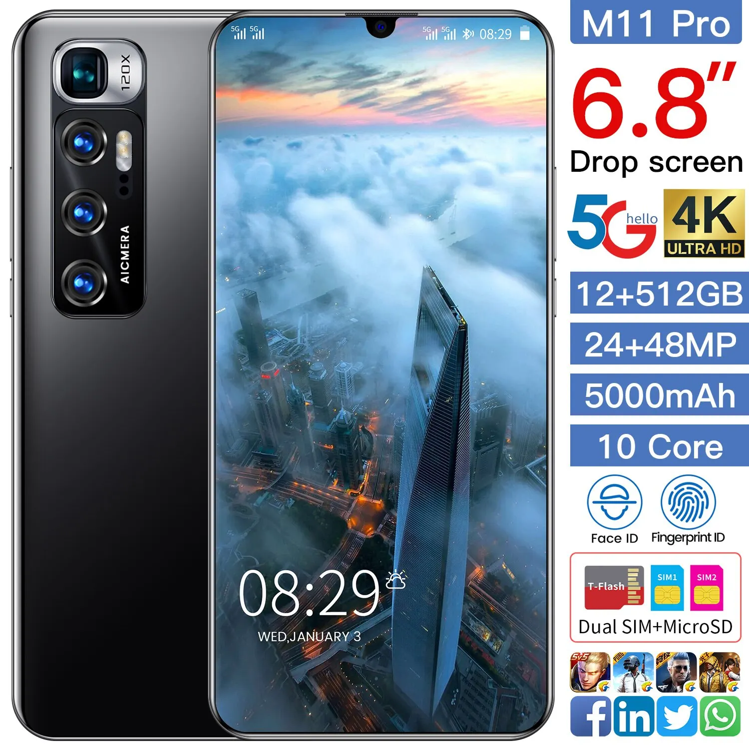 Tel&eacute;fono M&oacute;vil M11 Pro versi&oacute;n Global, Smartphone de 6,8 pulgadas, 12 + 512GB, 24 + 48MP, 5000mAh, doble tarjeta y doble modo de reposo-2
