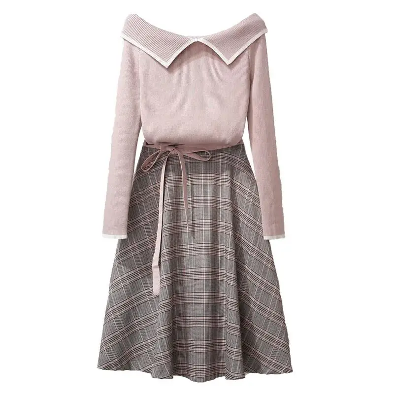 

ICHOIX 2 piece set women winter clothes v-neck sweater two piece outfits casual 2 pcs girl sets plaid A-Line 2 piece skirt set