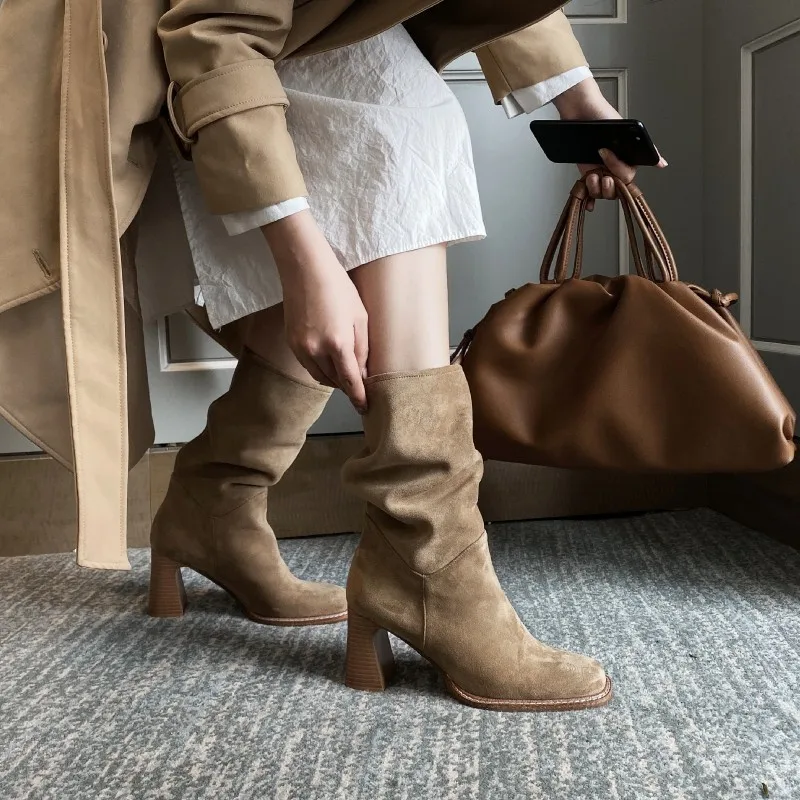 

Ladies Black Square Heel Boots Folded Boots Women's Classic Brown Boots Fall Winter Modern Casual Boots Wood Grain Large Size