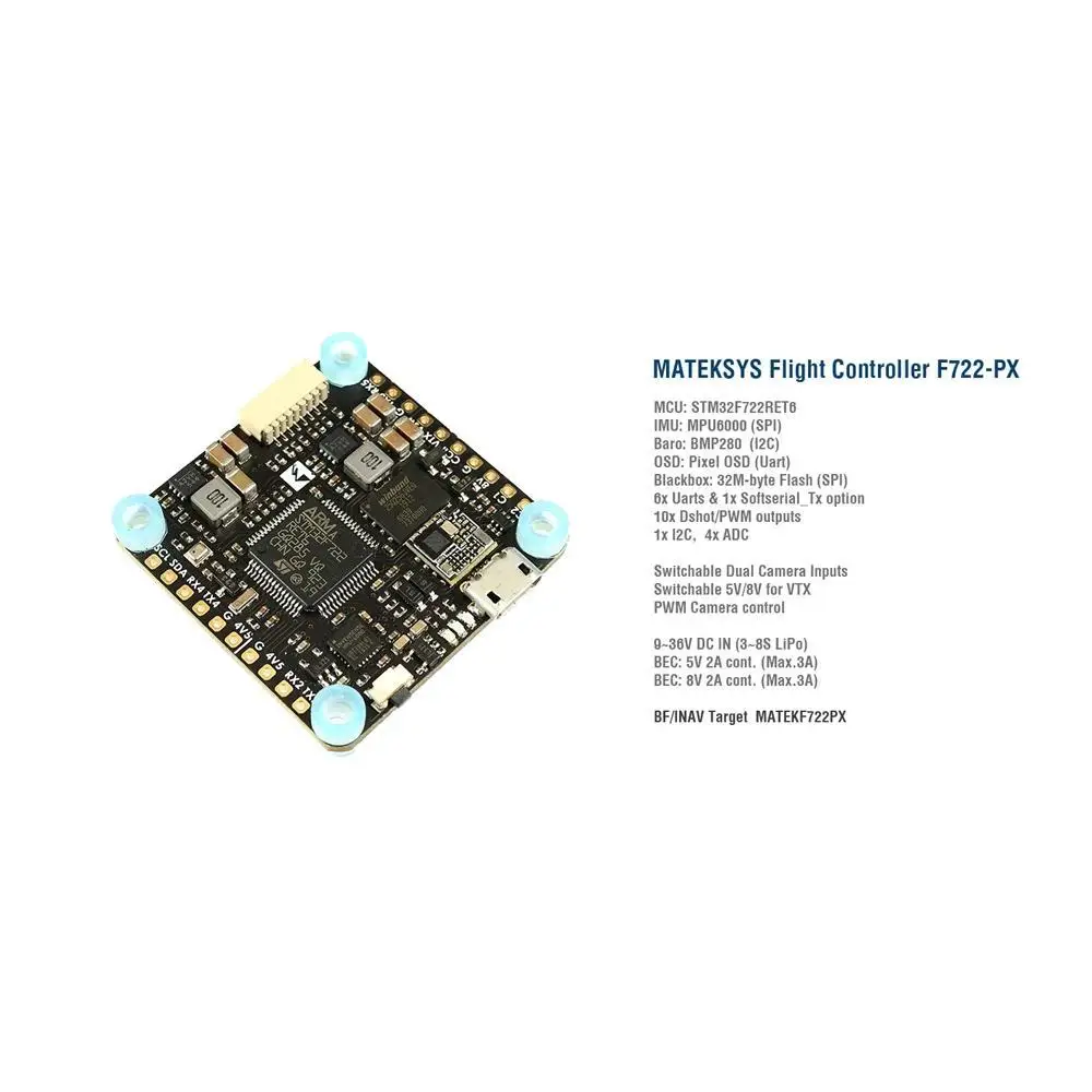 

RCtown MATEK Systems F722-PX Flight Controller STM32F722 MPU6000 BMP280 Pixel OSD 32M Flash Blackbox for RC Drone Airplane