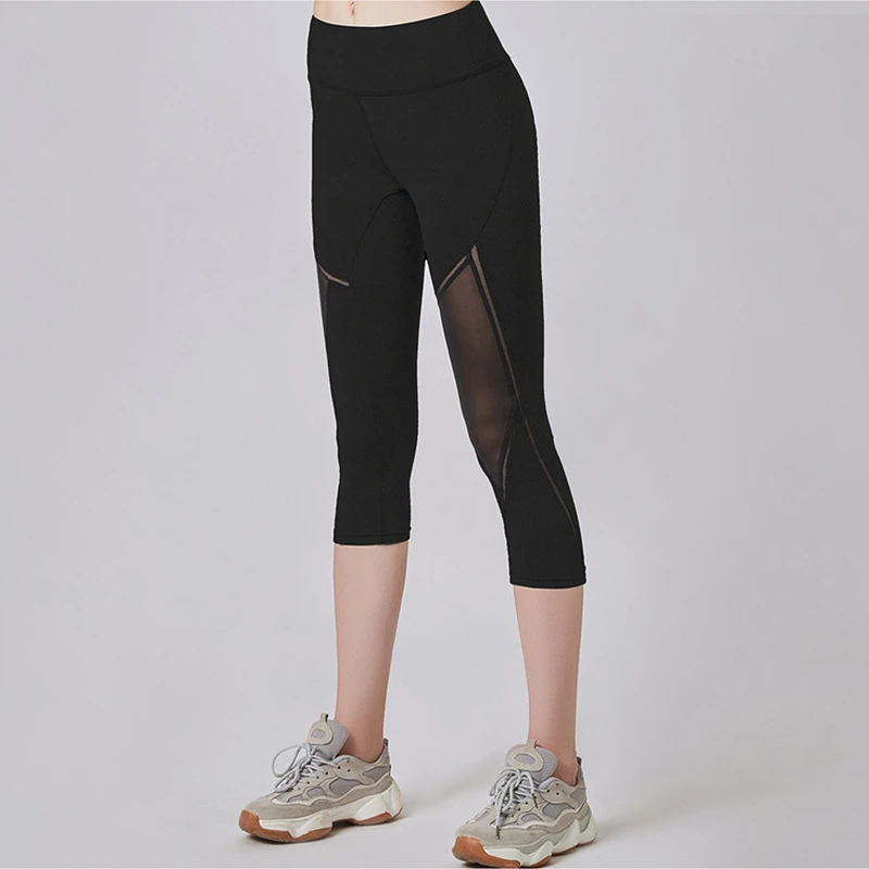 Summer Women Sport Leggings Cropped Yoga Pant Elastic Mesh Capris Quick Dry Running Crop Trousers Female Gym Pant Fitness Tights