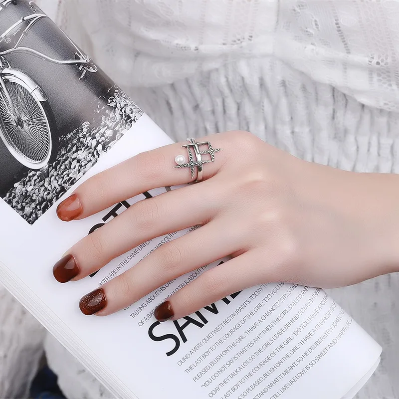 

S925 Sterling Silver South Korea Dongdaemun Trend Wind Meteor Modeling Pearl Exaggerated Index Finger Opening Ring Jewelry