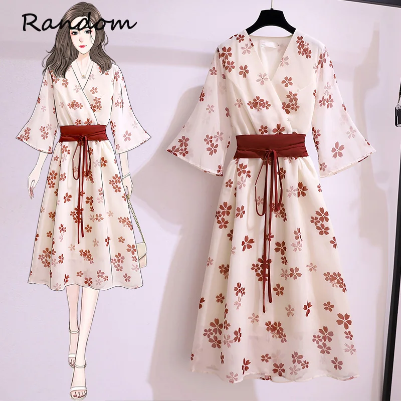2021 Новая мода с принтом в виде вишен винтажное шифоновое платье для женщин
