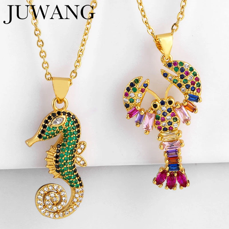 

JUWANG Chokers Necklace Cubic Zirconia Rainbow Seahorse Pendant Gold Filled Clavicle Chain Necklace For Woman Fashion Jewelry