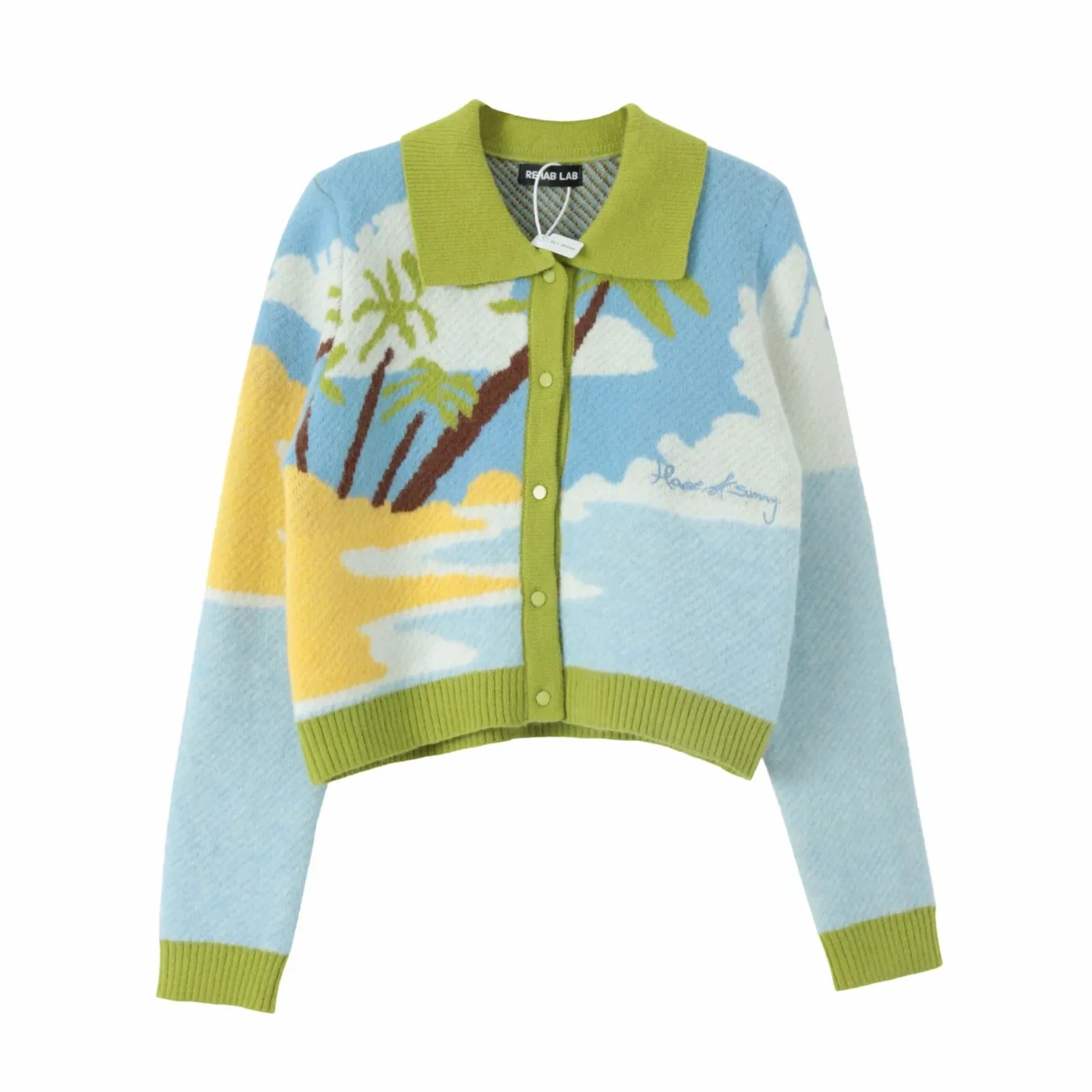 

2021 Spring Women Cardigan Knitted Sweater lapel Graffiti Loose Fashion Knit Cardigans Coat Female Long Sleeve Short Streetwear