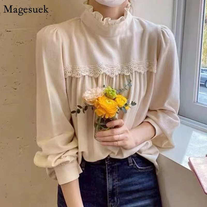 

New Winter Lantern Sleeve Lace Elegant Blouses Ruffles Soild Loose Blouse Women Pleated Cotton Plus Size Women Shirt Tops 12487