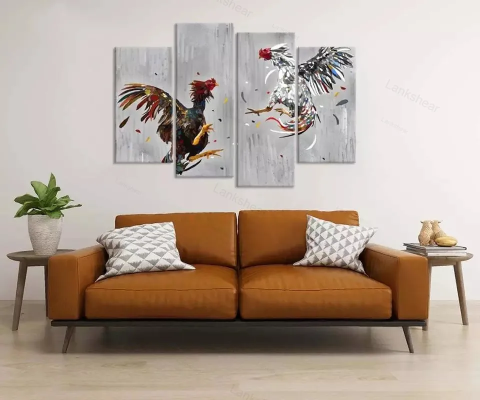 4 Panels Home Decor Poster Canvas Animal Wall Art Cock Fighting Picture Painting Rooster Print Rustic Chicken Room | Дом и сад