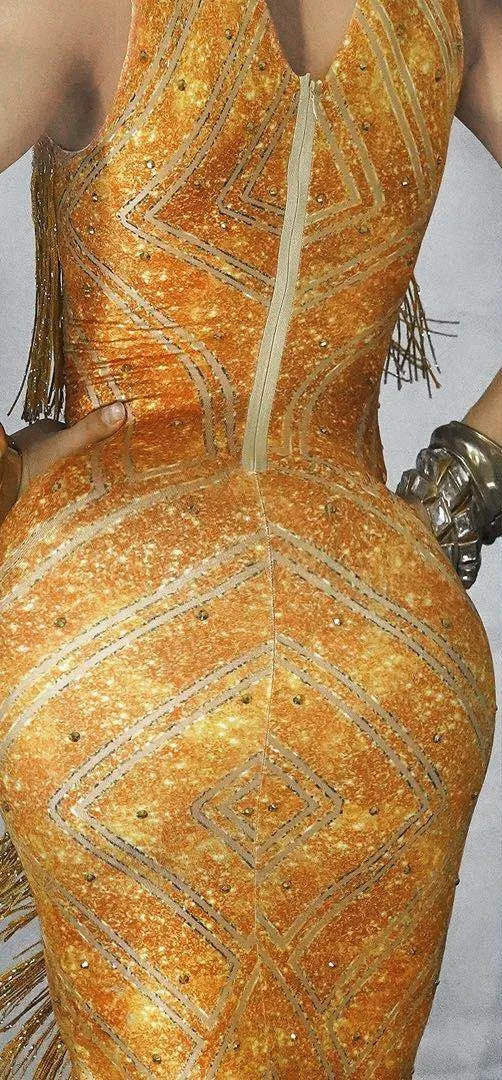 Золотое вечернее платье с кристаллами и кисточками сексуальное стразы для